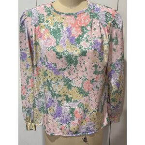 Women's Nicola Floral silky long sleeve pleated Blouse Size 10 Pink Purple